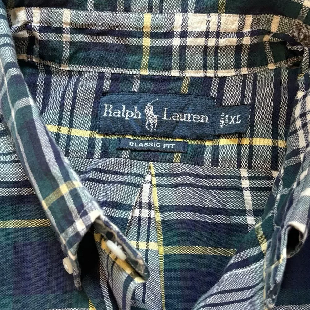 Vintage Polo Ralph Lauren Shirt Mens XL Classic Fit Green Tartan Plaid Button Up